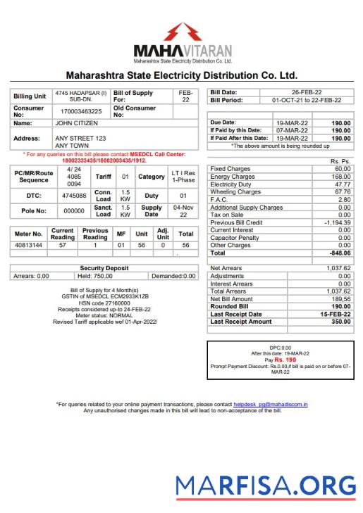Printable India Mahavitaran Co Ltd utility bill real example